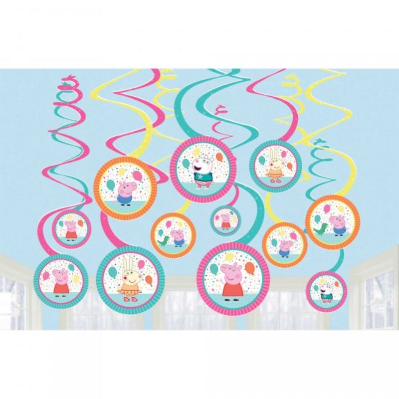 Colorful Peppa Pig spiral swirls decorations, perfect for parties, featuring vibrant character cutouts. Pack of 12.