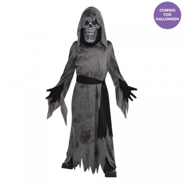 Hooded robe, securing belt, and bone-chilling mask define our Ghastly Ghoul costume for boys 12-14, perfect for Halloween fun.