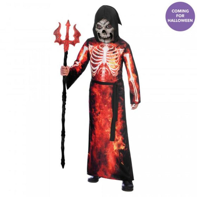 Child wearing a hooded fire reaper costume with a vibrant sash and matching mask, perfect for Halloween festivities.