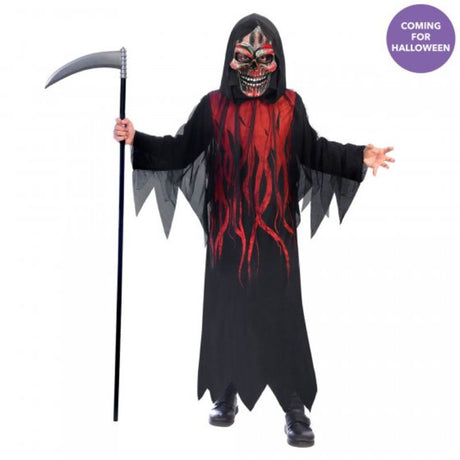 Dark Shadow Reaper costume for kids, featuring a hooded robe and mask, perfect for Halloween and themed parties.