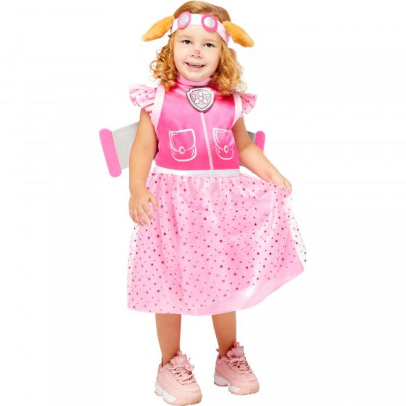 Deluxe Paw Patrol Skye costume for ages 3-4, featuring pink dress, headpiece, and winged backpack for imaginative play.