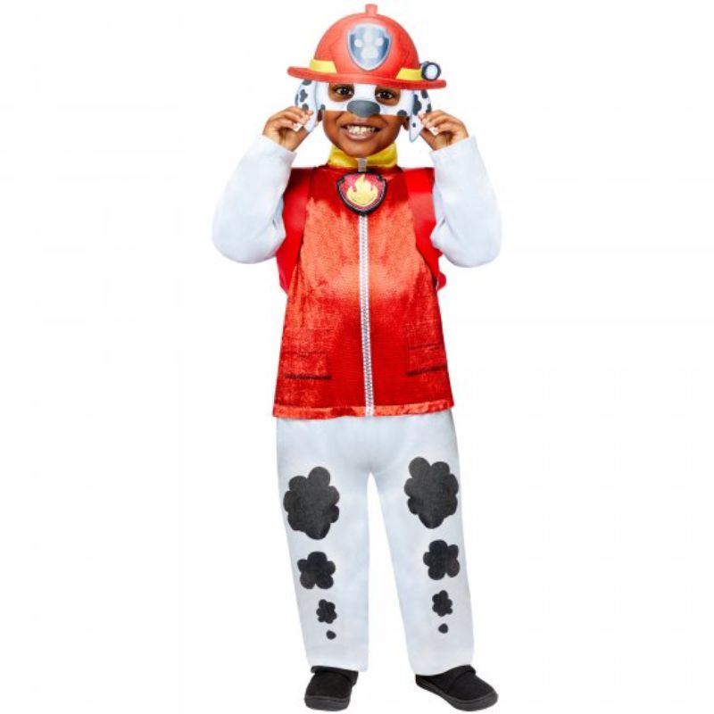 Costume featuring a plush jumpsuit, mask, and backpack, inspired by Paw Patrol's Marshall for kids aged 4-6.