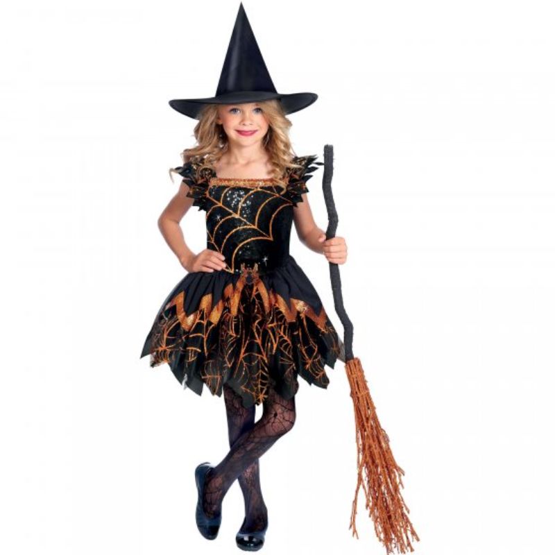 Spooky spider witch costume for girls aged 3-4, featuring a sparkly dress and matching hat, perfect for Halloween fun.