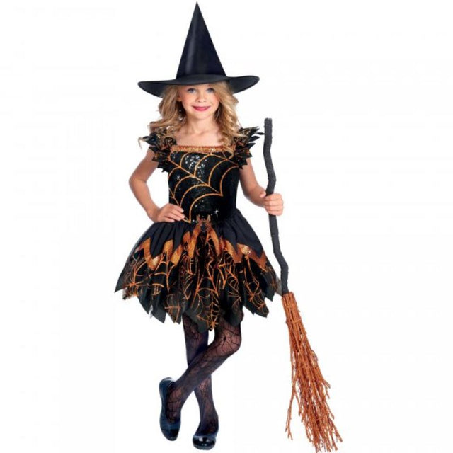 Costume for girls aged 8-10, featuring a spider-motif dress and witch hat, ideal for Halloween fun.