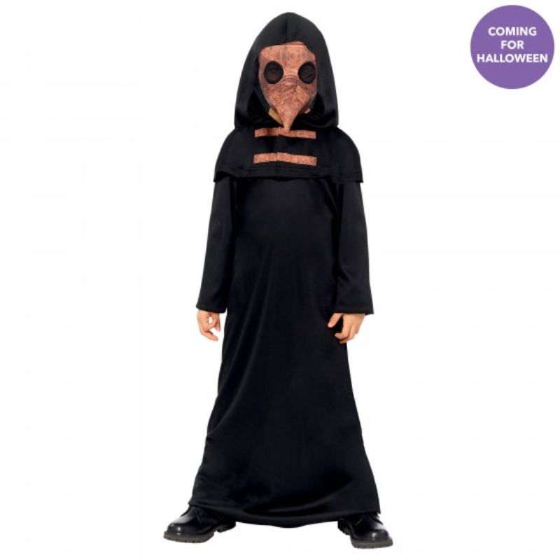 Boys' Plague Doctor costume featuring a detailed cloak, hat, and mask for ages 8-10, perfect for Halloween and imaginative play.