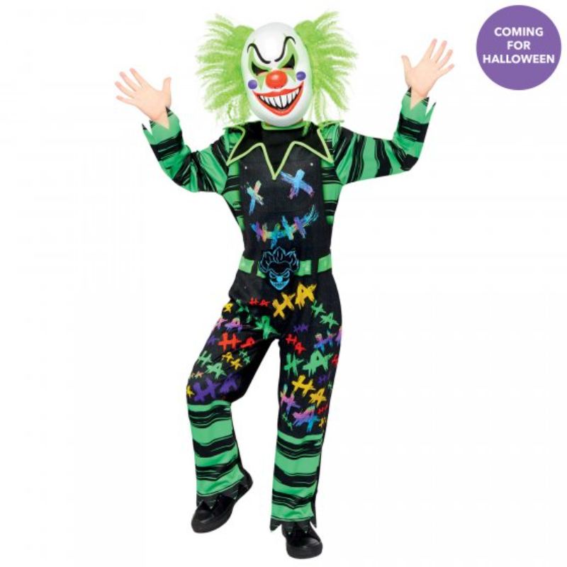 Vibrant Haha Clown costume for boys 4-6, featuring a colorful jumpsuit and easy-to-wear clown mask for fun dress-up.