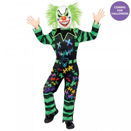 Vibrant Haha Clown costume for boys 4-6, featuring a colorful jumpsuit and easy-to-wear clown mask for fun dress-up.