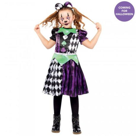 Colorful jester costume for girls aged 4-6 with a fun headband, perfect for dress-up and imaginative play.