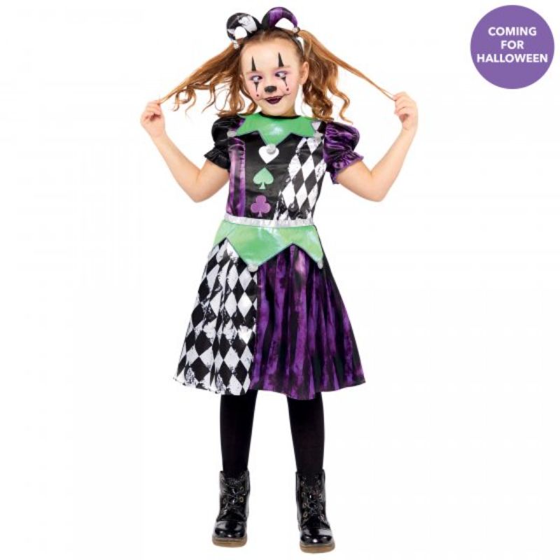 Colorful jester costume for girls aged 8-10, featuring a playful dress and matching headband for dress-up and Halloween fun.