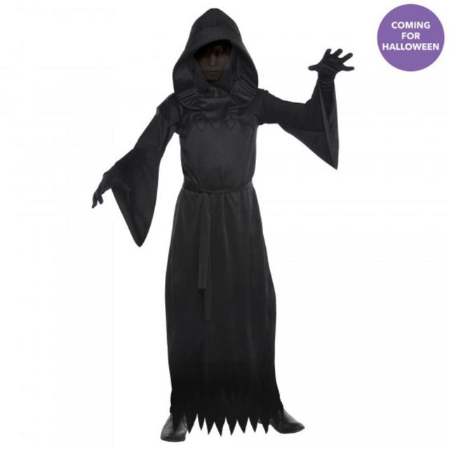 A spooky hooded robe costume with a face veil and sash, perfect for kids aged 12-14 for Halloween or themed events.