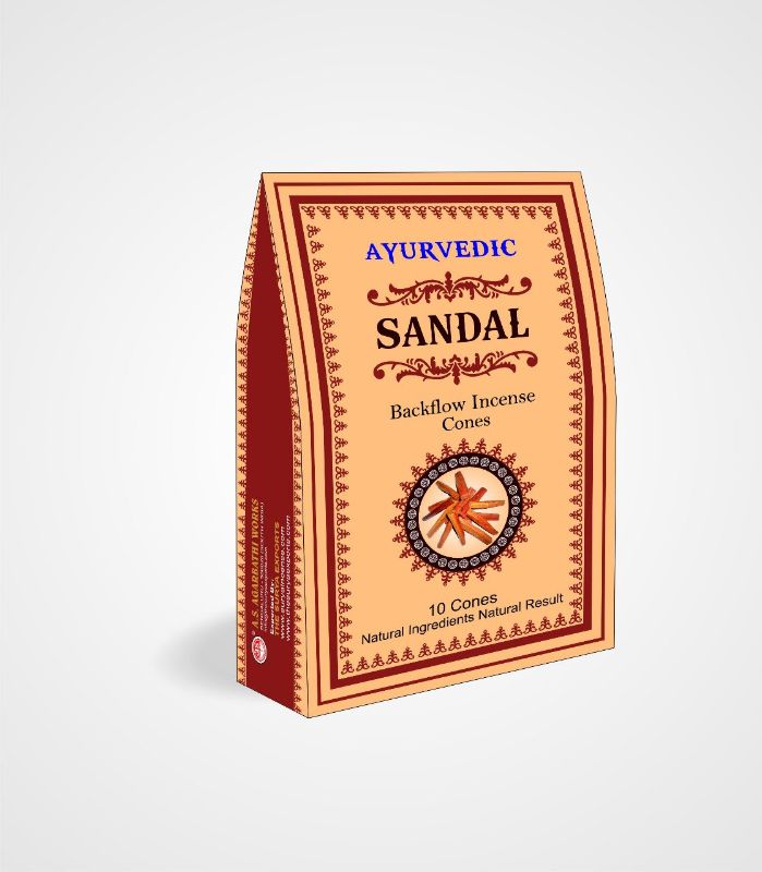 Ayurvedic backflow incense cones in amber sandal scent, ideal for relaxation and enhancing ambiance (12 packets, 10 cones each).