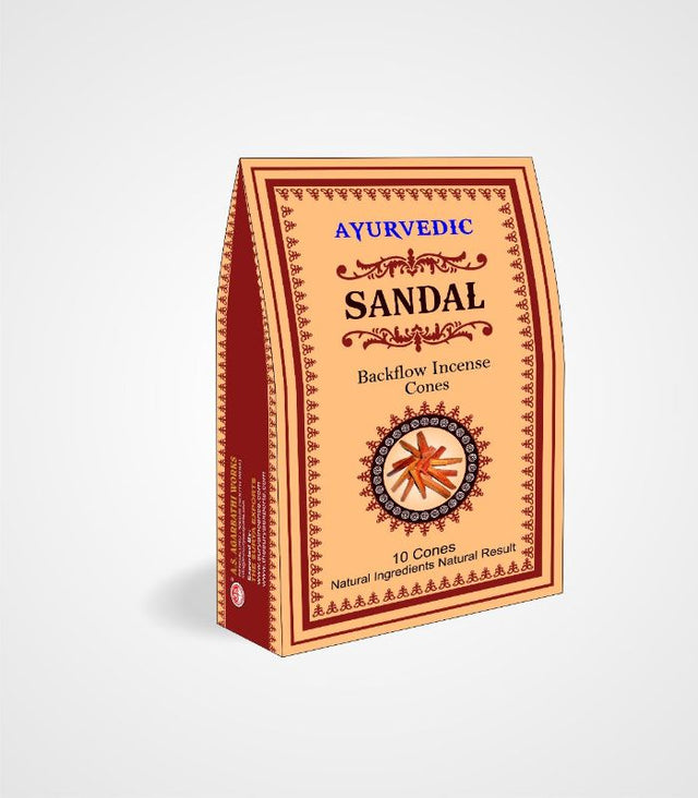 Ayurvedic backflow incense cones in amber sandal scent, ideal for relaxation and enhancing ambiance (12 packets, 10 cones each).