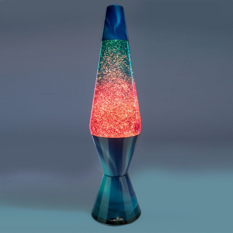 Diamond-shaped lamp with pink and blue gradient glass and swirling glitter, perfect for creating an ambient atmosphere.
