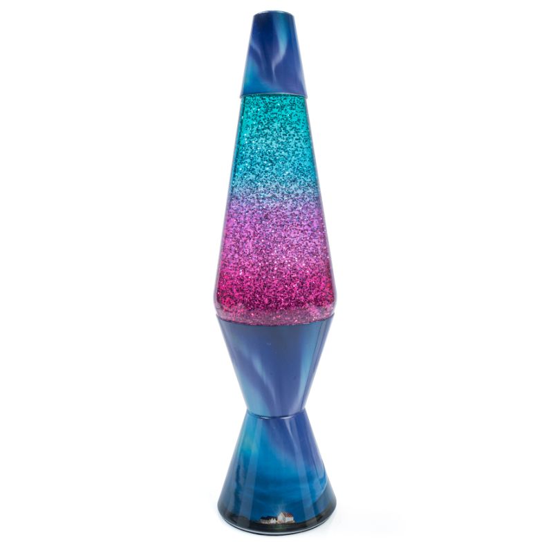 Stunning diamond-shaped lamp with pink and blue gradient glass and swirling glitter, perfect for any room decor.