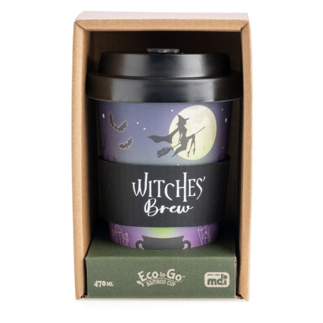 Eco-friendly bamboo travel cup featuring a witchy cauldron design, anti-spill lid, and silicone grip, holds 470ml.