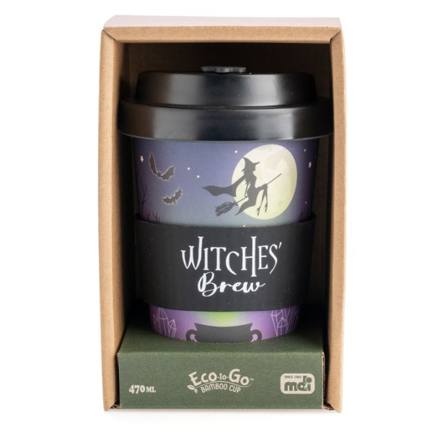 Eco-friendly bamboo travel cup featuring a witchy cauldron design, anti-spill lid, and silicone grip, holds 470ml.