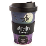 Eco-friendly bamboo cup featuring a witchy cauldron design, with anti-spill lid and silicone band, holds 470 ml.