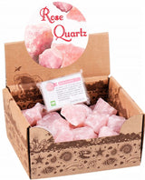 Box of 50 Rough Rose Quartz gemstones, 4-4.5 cm, featuring soft pink hues for crafting, healing, and decor.