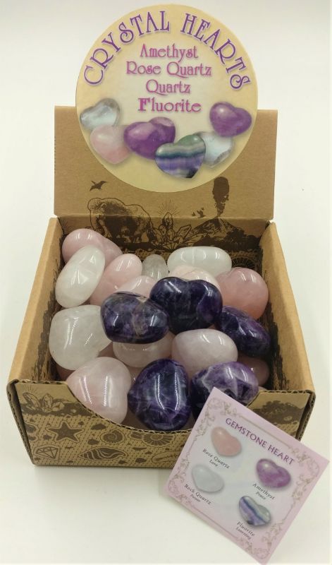 A collection of 30 mini gemstone hearts, featuring rose quartz, clear quartz, and amethyst, perfect for decor and healing.