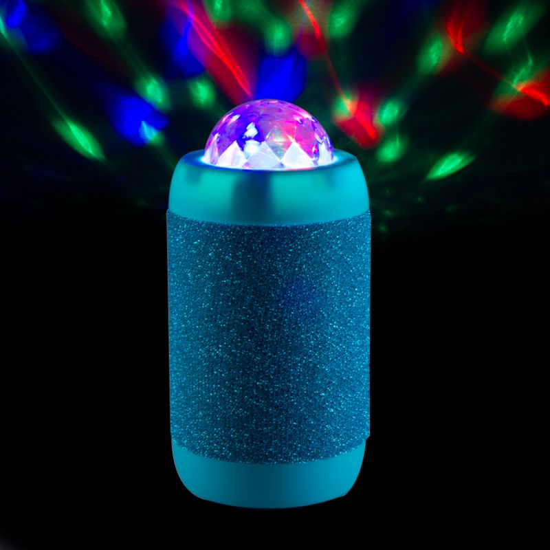 Wireless speaker in blue disco ball design, 14.5cm tall, projects colorful lights and delivers powerful sound for parties.