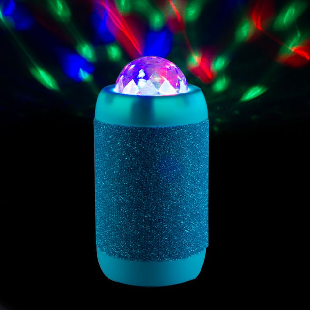 Wireless speaker in blue disco ball design, 14.5cm tall, projects colorful lights and delivers powerful sound for parties.