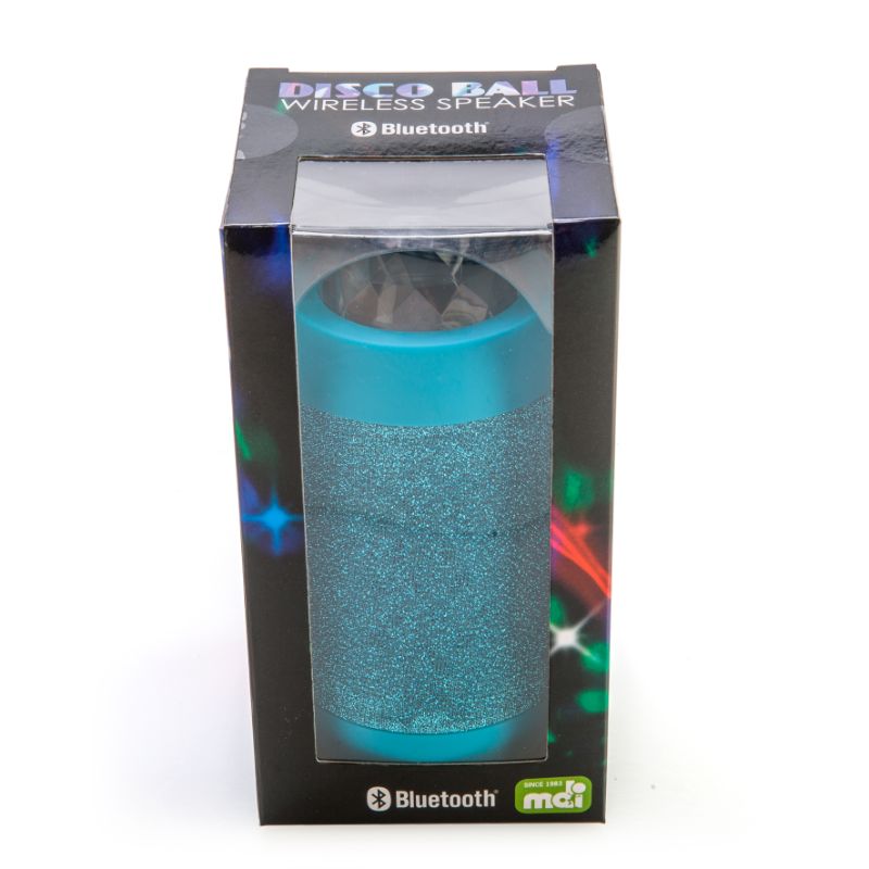 Wireless speaker shaped like a blue disco ball, projecting colorful lights while delivering powerful sound for parties.