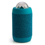 Wireless speaker shaped like a blue disco ball, projecting colorful lights while delivering powerful sound for parties.