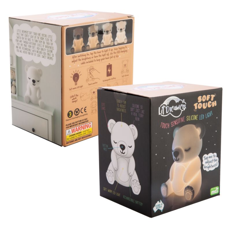 Soft silicone bear LED light for kids, featuring adjustable brightness and rechargeable battery for cozy bedtime ambiance.