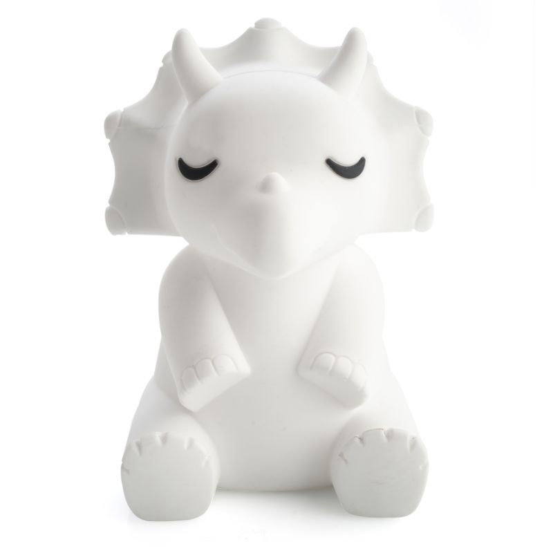 Adorable triceratops LED lamp with touch control for brightness, soft silicone design, and rechargeable battery for kids' rooms.