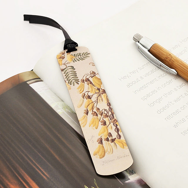 Greeting card featuring vibrant Kowhai flower watercolor by Sarah Featon, with included bamboo bookmark describing the bloom.