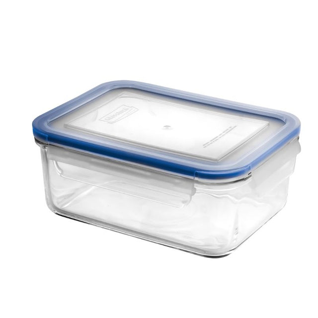 Rectangular tempered glass food container with airtight lid, 1090ml capacity, microwave safe, and BPA free for eco-friendly storage.