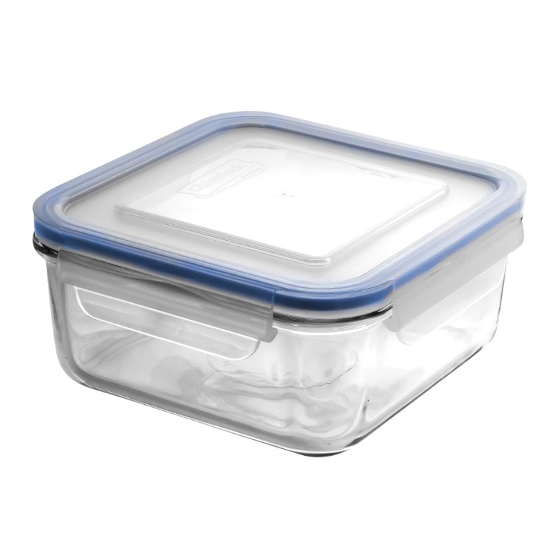 Square glass container with airtight lid, 850ml capacity, microwave-safe, shock-resistant, and BPA-free for versatile food storage.