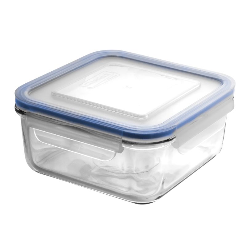 Square glass container with airtight lid; 1180ML capacity, stain-proof, microwave safe, and BPA-free for food storage.