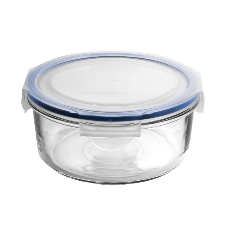 Round tempered glass storage container with airtight lid, ideal for meal prep, leftovers, and space-saving in the kitchen.