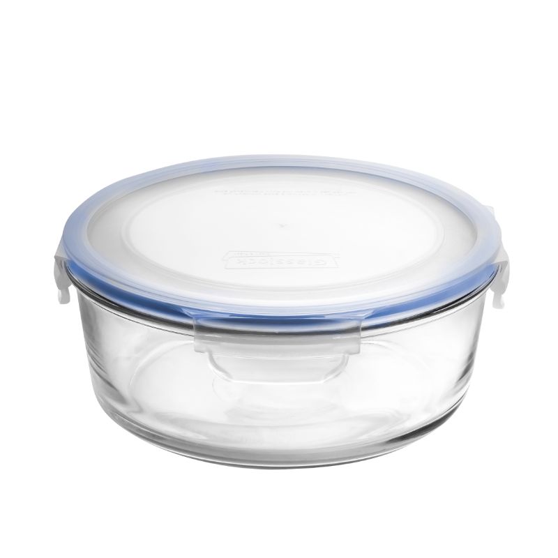 Round Glass Container - 2000ML with snap-lock lid, airtight seal, microwave-safe, and durable tempered glass for versatile food storage.