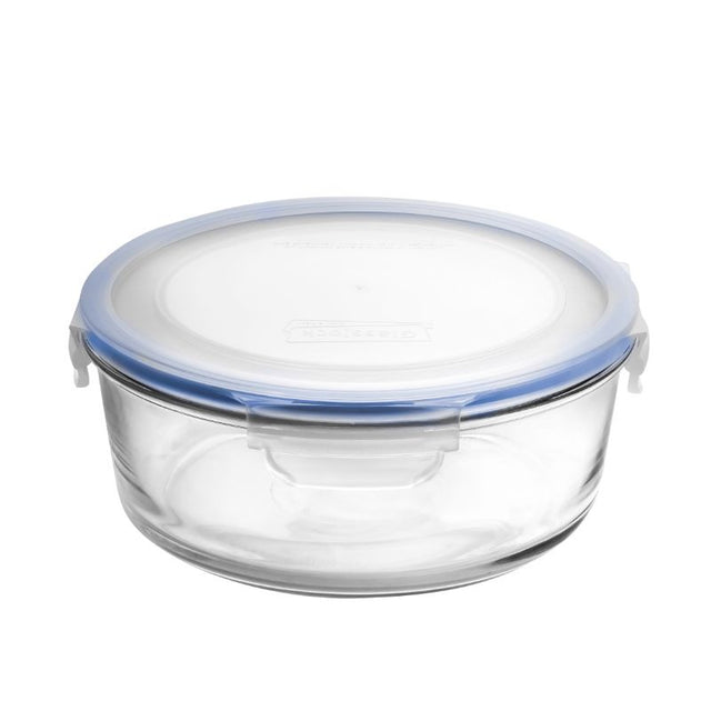 Round Glass Container - 2000ML with snap-lock lid, airtight seal, microwave-safe, and durable tempered glass for versatile food storage.