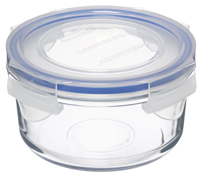 Round GLASSLOCK 400ml glass food container with airtight lid, perfect for meal prep and safe storage.