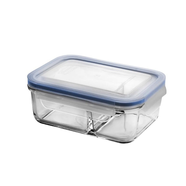 Glasslock Duo Glass Container (670ml) with two compartments, leak-proof seal, microwave-safe, and eco-friendly design.