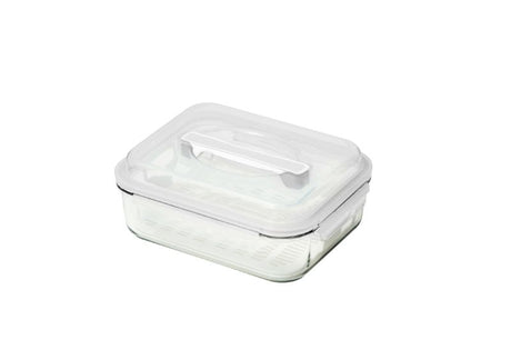 A versatile 11.4 cup glass food container with airtight latching lid, easy grip handle, and BPA-free, eco-friendly design.