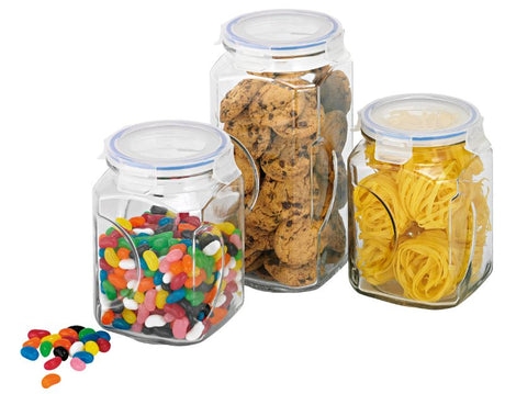 Stylish glass storage canister set (3 pcs) with airtight lids, perfect for organizing dry goods in your kitchen.