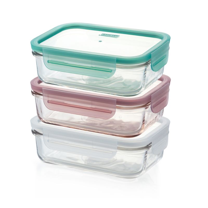 Rectangular glass container set with color-coded lids for organized food storage, 710ml each, BPA-free, microwave, fridge, and dishwasher safe.