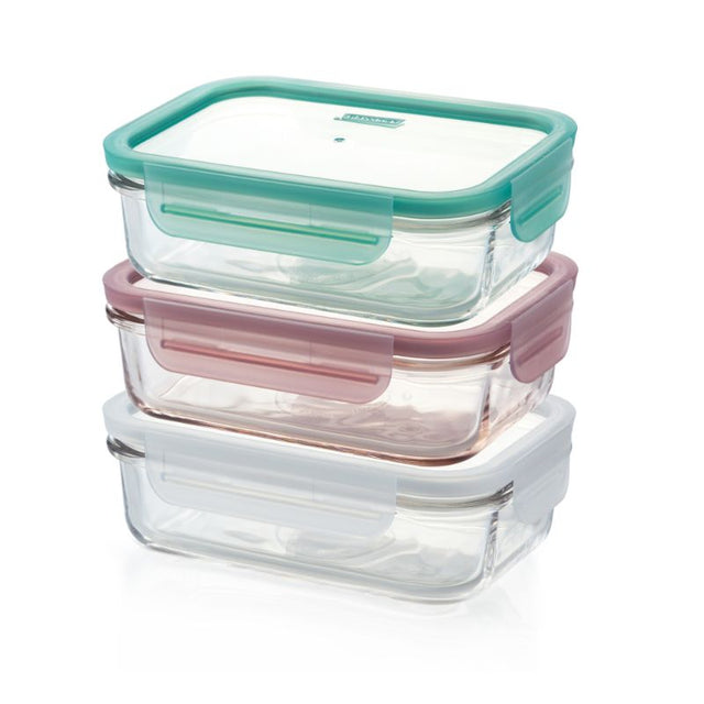 Rectangular glass container set with color-coded lids for organized food storage, 710ml each, BPA-free, microwave, fridge, and dishwasher safe.