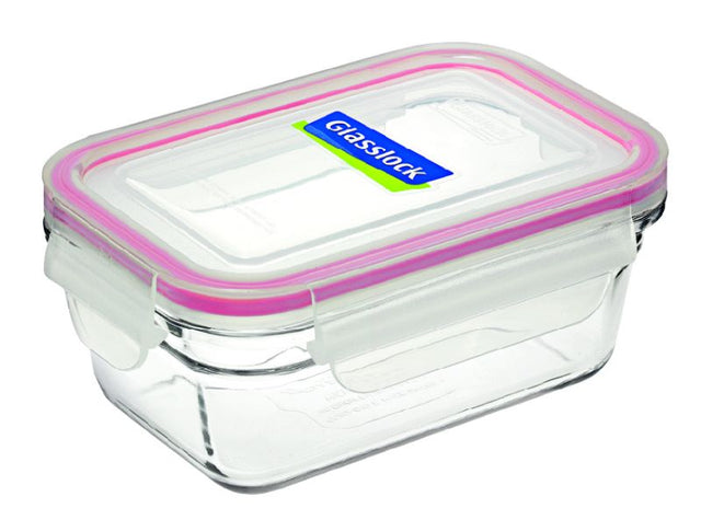 Rectangular Glass Container by Glasslock (485ml) with airtight lid for versatile food storage, microwave and oven safe.