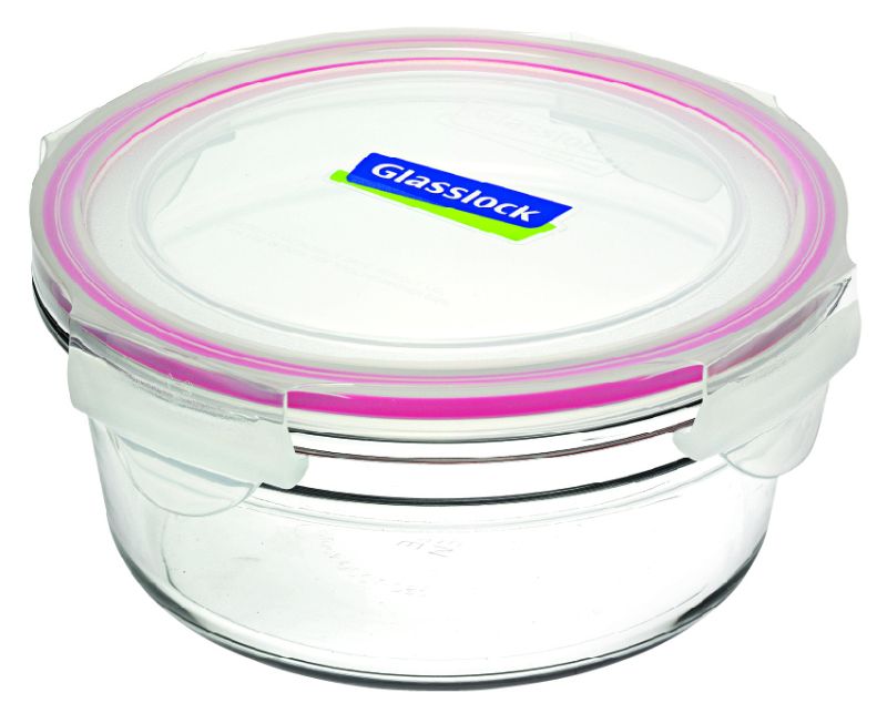 Round Glasslock container (450ml) with airtight lid, BPA-free, oven/microwave safe, stackable design for efficient storage.