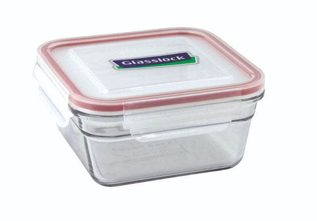 Square glass container with airtight lid, ideal for food storage and meal prep, 900ml capacity, durable and BPA-free.