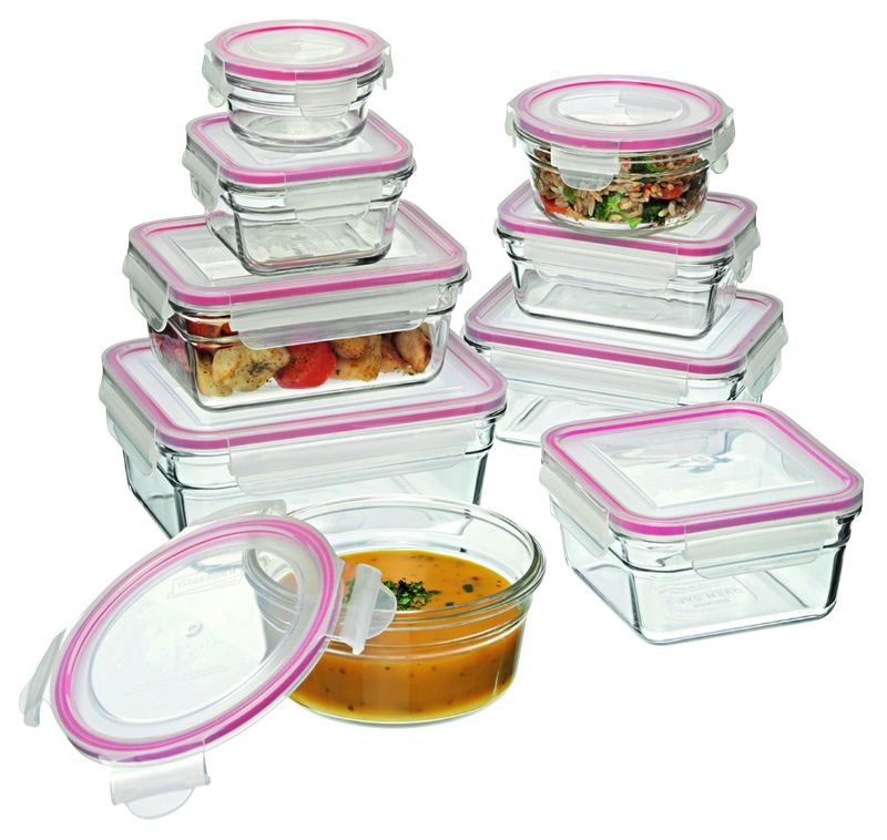 Set of 9 glass food storage containers with airtight lids, BPA-free, microwave and oven-safe, ideal for meal prep.