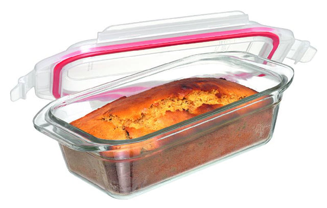 Rectangular glass loaf baker with airtight lid, ideal for baking and storing food safely and conveniently.