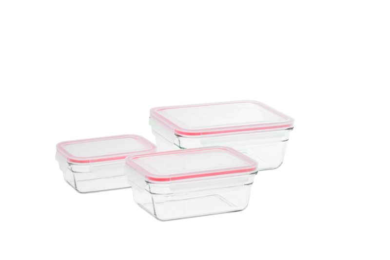 Glasslock Container Set (3 pcs) with airtight lids, made of durable tempered glass for safe food storage and easy cleanup.