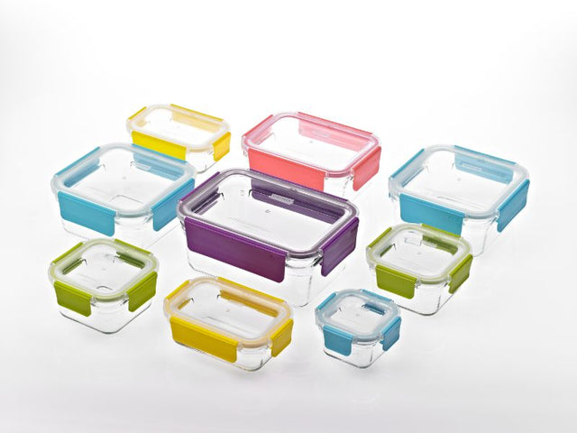 Nine-piece GLASSLOCK Premium Container Set, featuring BPA-free glass with airtight lids for versatile and stylish food storage.