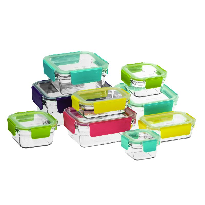 Premium 9-piece GLASSLOCK container set in BPA-free glass, featuring airtight lids for fresh, organized food storage.